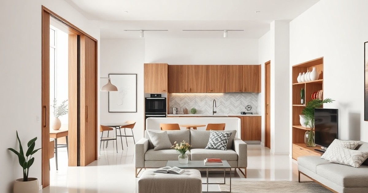 Integração de ambientes com portas de madeira usinada na cozinha