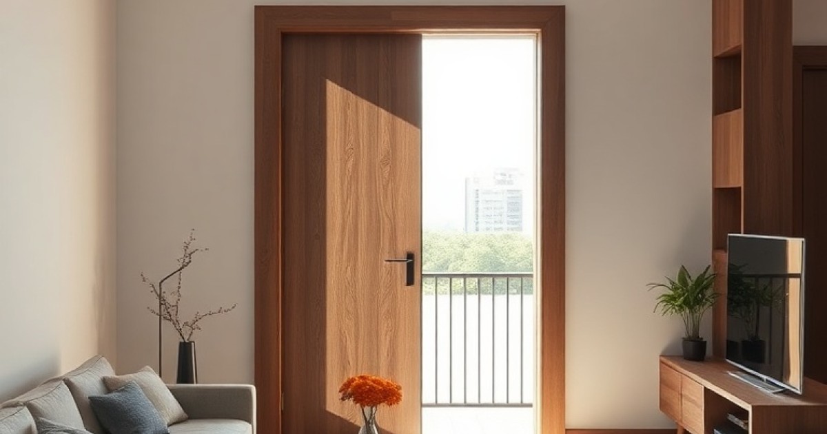 Porta usinada em madeira que valoriza a sala