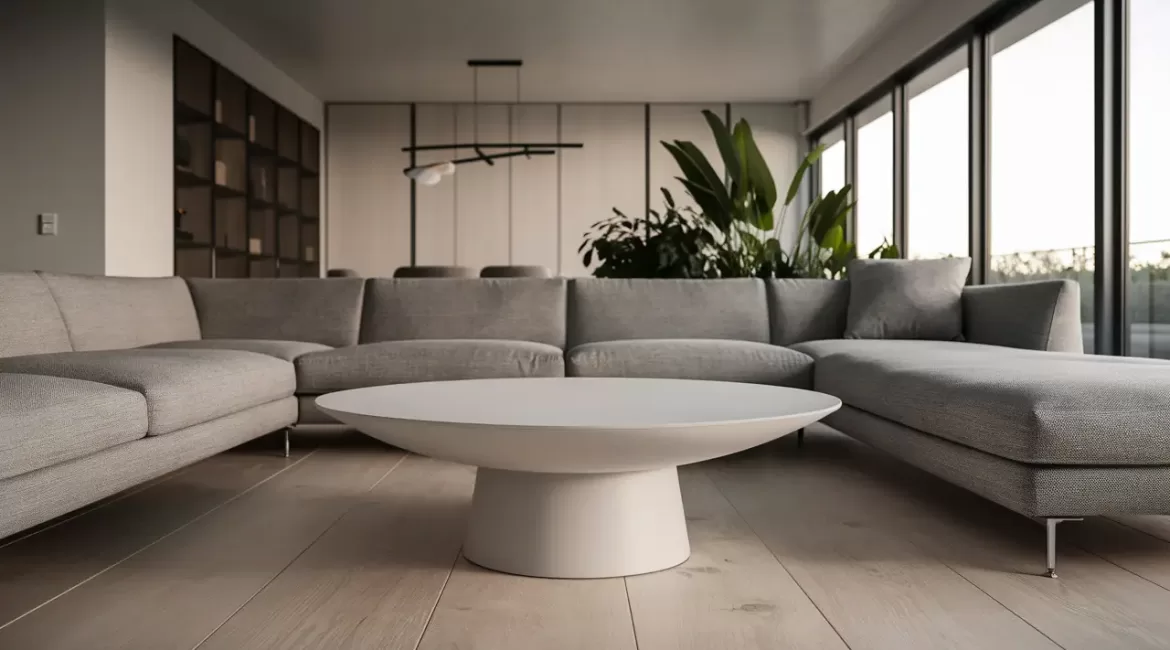 Sala de estar moderna com mesa de centro de Corian branco, sofá cinza, janelas grandes e luminária pendente minimalista.